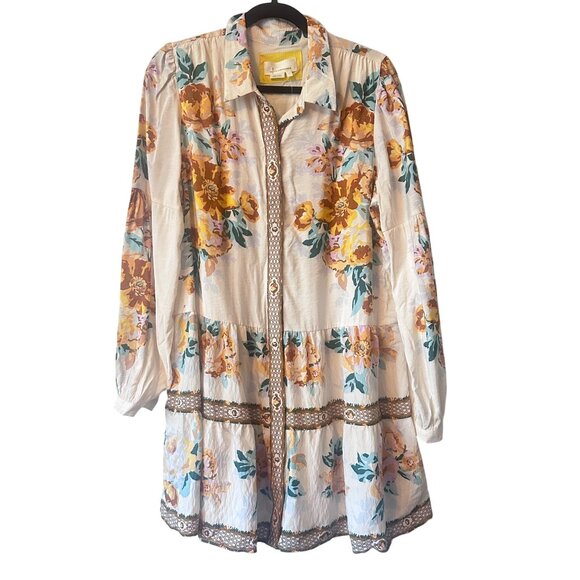 Anthropologie Ivory/Floral Long Sleeve Button-Down Tunic Dress L  imperfection - Picture 1 of 10